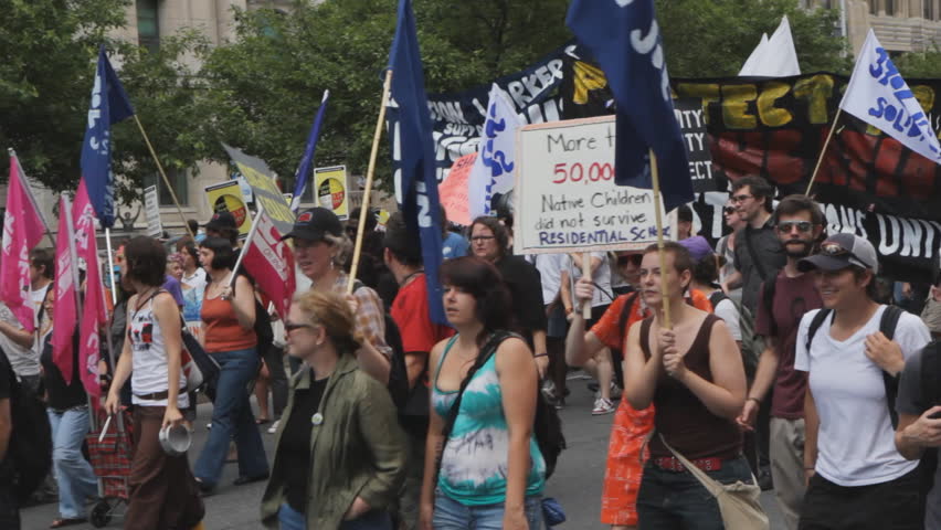 TORONTO, ONTARIO - JUNE 24th: Protesters march during Native protest on June 24th, 2010, Toronto, Ontario, Canada. Native groups staged a peaceful protest on the eve of the G20. 
