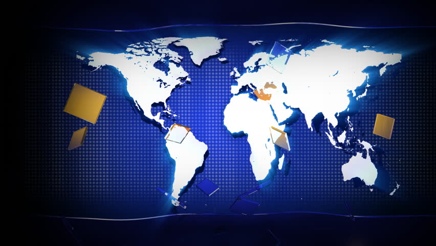 Computer-rendered animation for geographic TV channel with world map and falling crystals. 