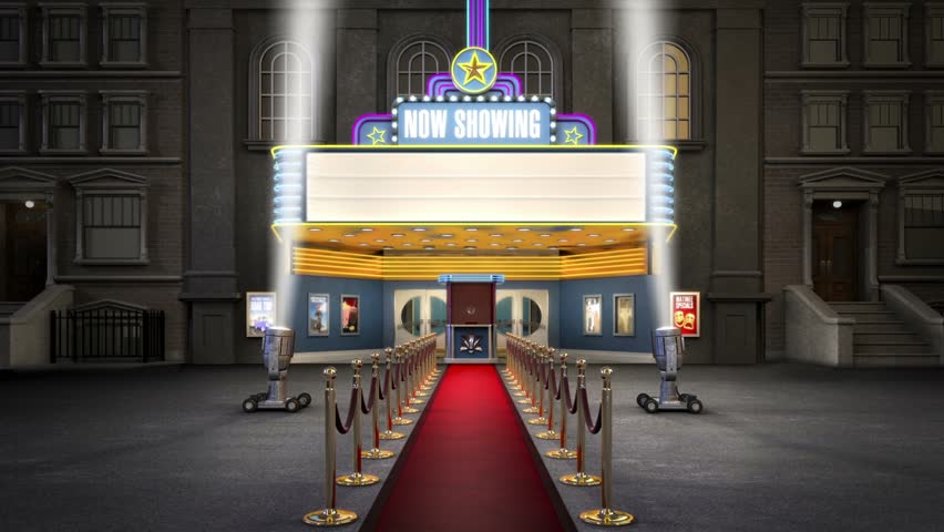 blank old fashioned movie marquee and panning spotlights shining in the air.