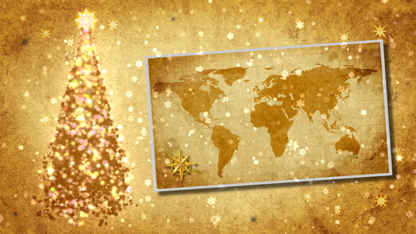 Christmas tree and map of World on the postcard.Retro style.