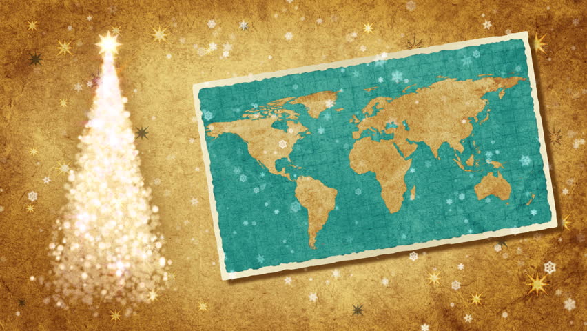 Christmas tree and map of World on the postcard. Retro style.