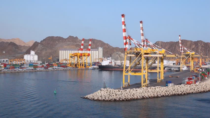 view from cruise ship sailing to seaport of Muscat, Oman