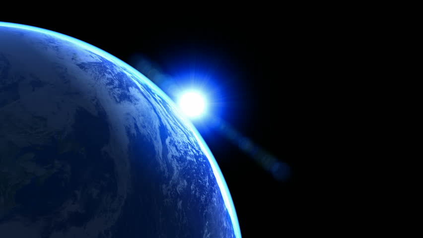 3d Earth Animation 25. Alpha Matte. Isolated. Sunrise with shiny lighting effects, stars, clouds and atmosphere. High quality textures