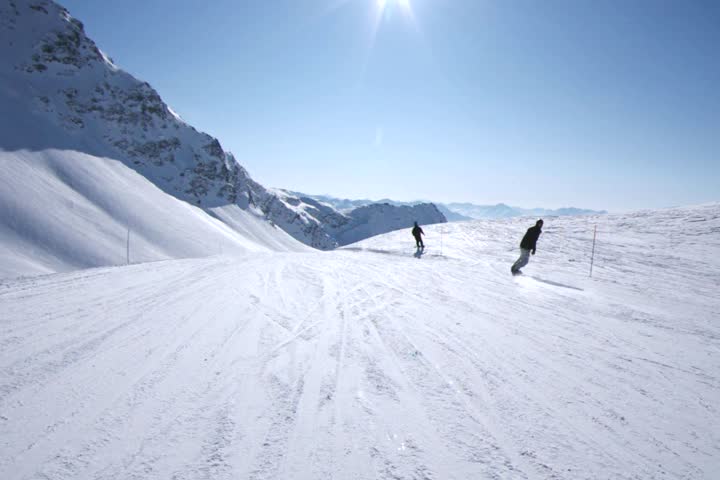 POV of a skier going down blue slope in Alps