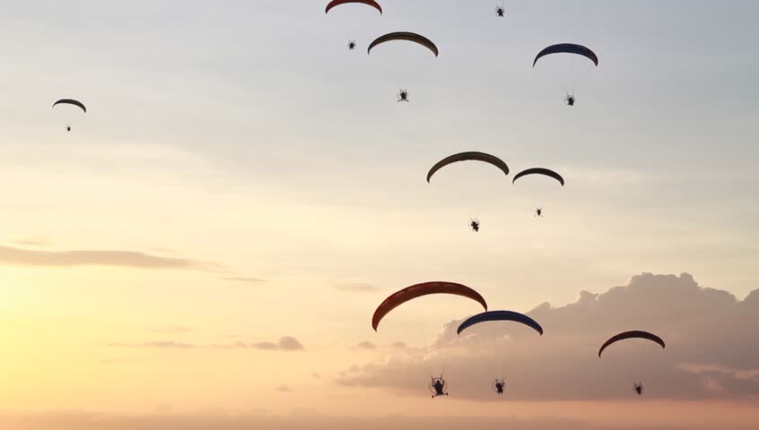HD : group of paraglider with orange sunset sky