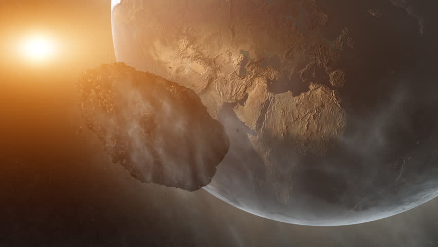 Asteroid Over Earth (Cinema HDTV FX). Giant rock moving towards the Earth. Globe map from NASA imagery.