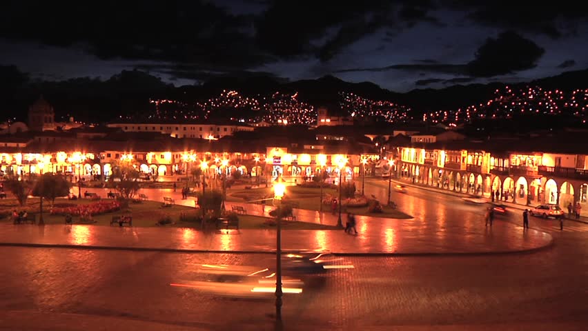 Night time lapse in Cusco, Peru plaza 