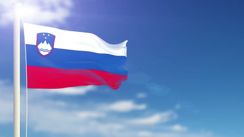 Slovenia flag waving. Sky background. Seamless loop.