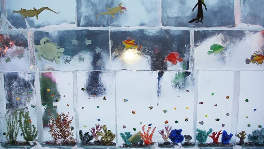 people walk behind large transparent and beautifully decorated wall 