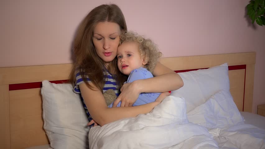 4k00 14loving Mother Comforting Her Poor Sick Child Girl Daughter