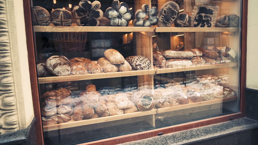 Window In Bakery With Fresh Bread Early Morning Pan Shot Window In Bakery With Fresh Bread Early Morning Pan Shot