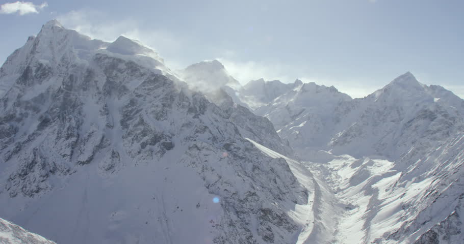 Wide Shot POV View Of Cold Snowcapped Rock Mountains In Nepal And Tibet ...