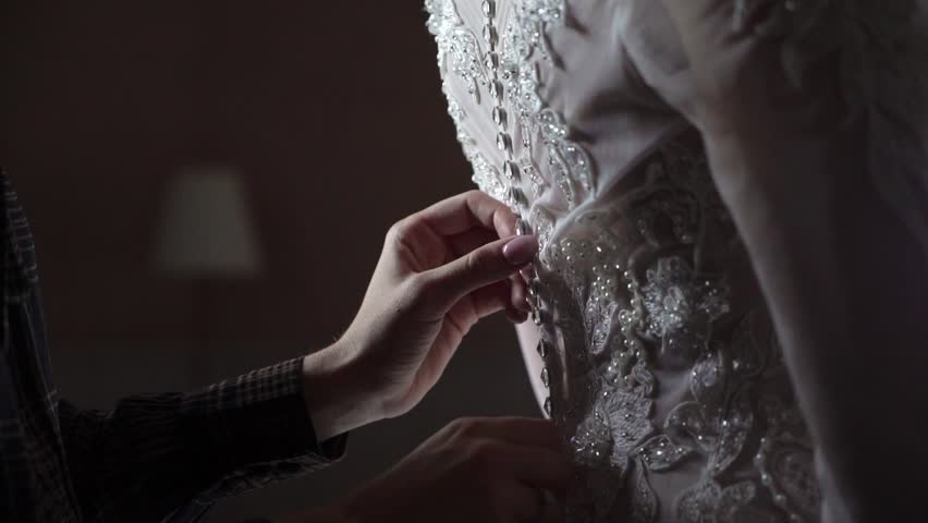 Buttoning Bride Wedding Dress Closeup Hands Fastening Buttons On