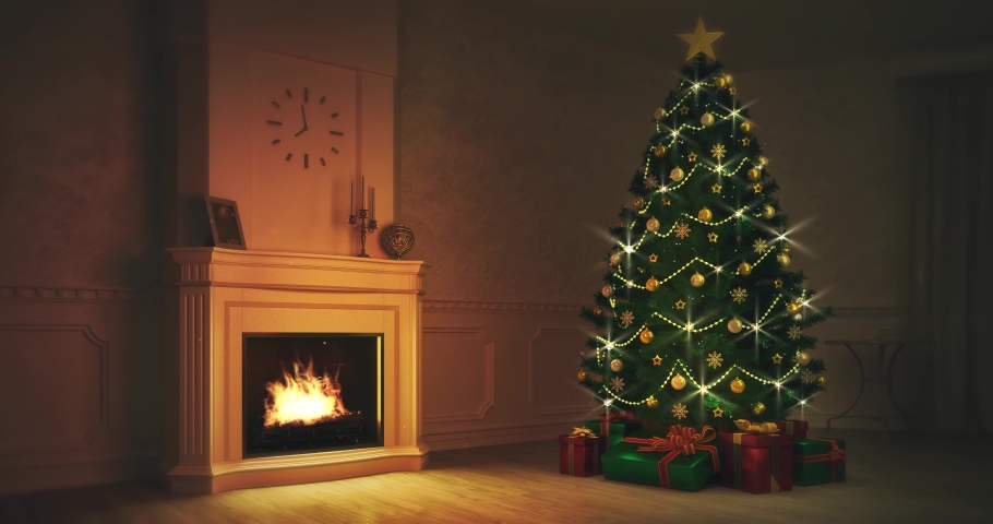 Burning Fireplace With Lit Christmas Stock Footage Video 100