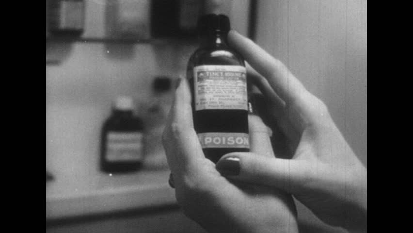 Hands Hold Poison Bottle Bottle Put In Medicine Cabinet Woman