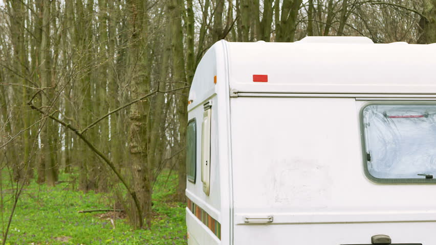 Life In Trailer Wood Adult Man Go Near Caravan 4K Shot Life In Trailer Wood Adult Man Go Near Caravan 4K Shot