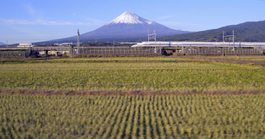 Japan, Honshu, Mount Fuji, Shinkansen Bullet Trains Passing Through ...