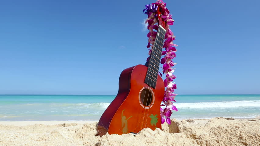 Hawaii Concept With Ukulele And Lei On Beach. Traditional Hawaiian ...