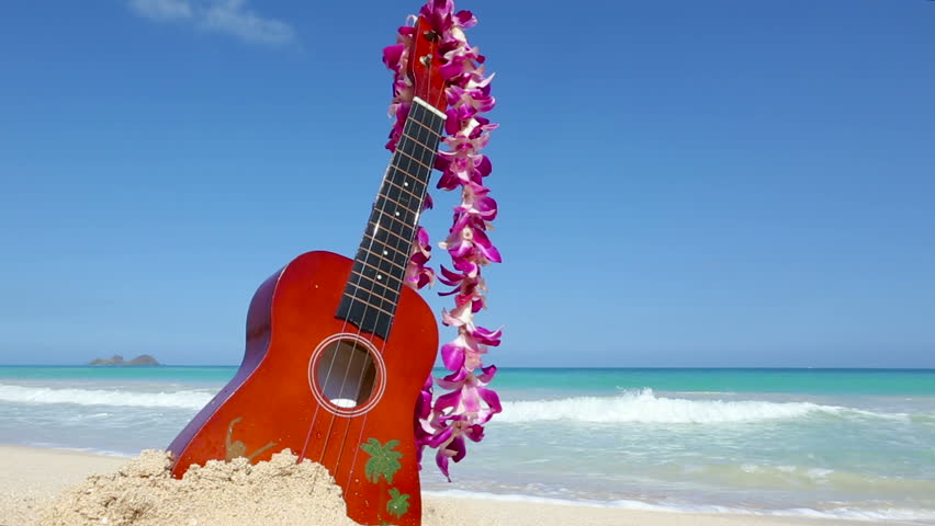 Hawaii Concept With Ukulele And Lei On Beach. Traditional Hawaiian ...