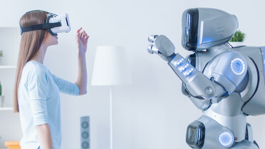 Pleasant woman repeating motions after robot