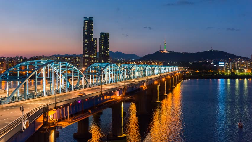 Time Lapse Of Downtown Cityscape At Dongjak Bridge And Seoul Tower Over ...