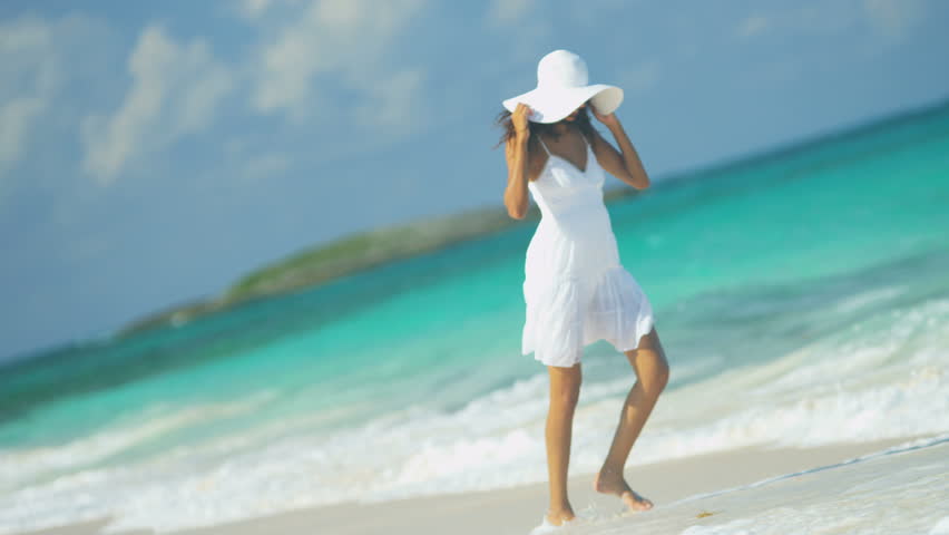 Pretty Latin American Girl In Sundress Hat Barefoot Beach Vacation ...