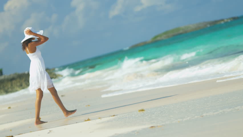 Pretty Latin American Girl In Sundress Hat Barefoot Beach Vacation ...