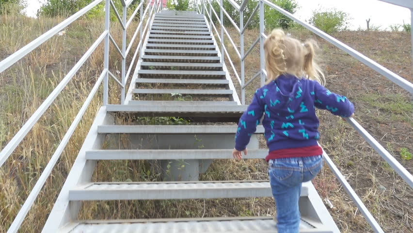 Little Girl Child Climbing Stairs In Park, Playing Girl