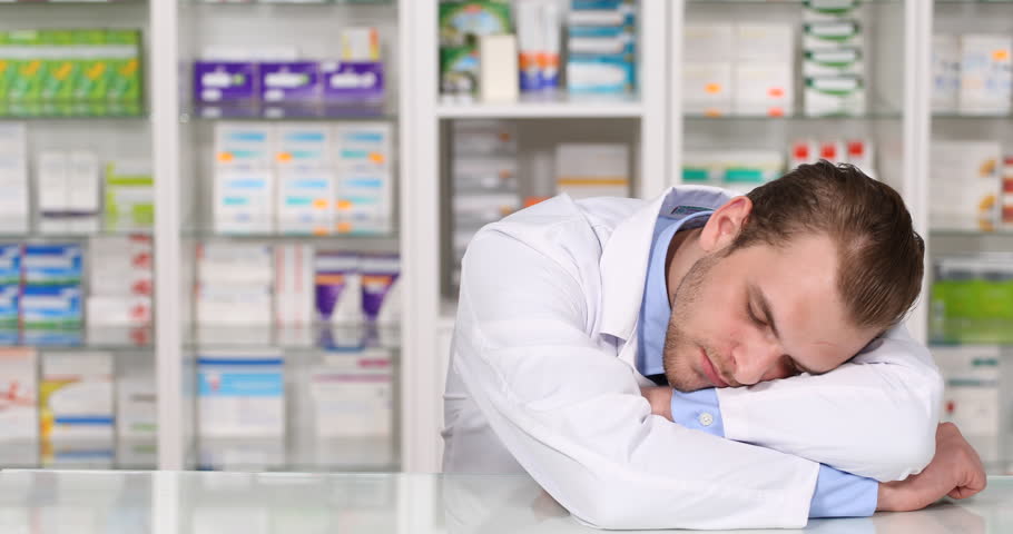 Tired Pharmacist Man Asleep Desk Stock Footage Video 100 Royalty