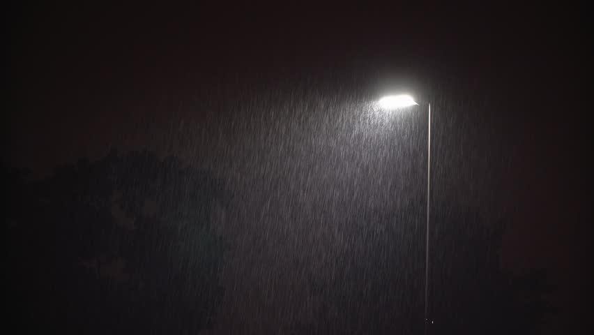 ULTRA HD 4K Illuminated Public Lamp In Dark Night And Heavy Rain, Town ...