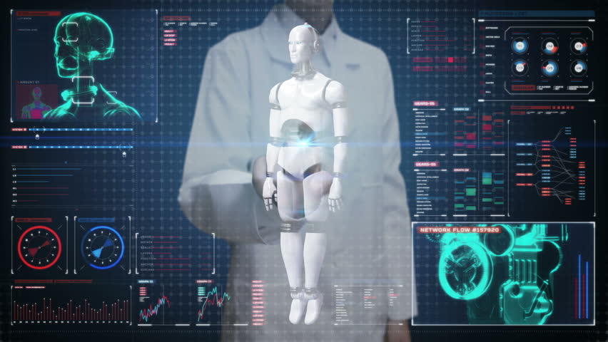 Doctor Touching Digital Screen, Scanning Semi Transparency Robot Cyborg ...