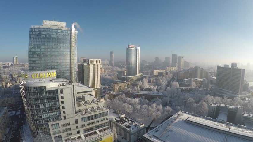 Kiev Skyscrapers in Winter, Aerial Stock Footage Video (100% Royalty