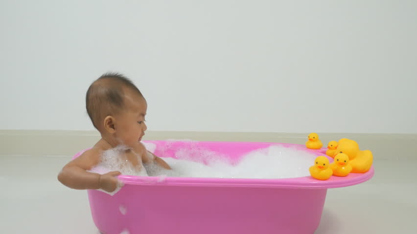 Cute Little Baby Bathed In A Pink Bath Stock Footage Video 4k Of Asian Baby Girl Taking A Shower With Foam In Pink Bathtub Stock
