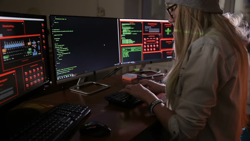 Female Computer Programmer  Coding Hacking In Dark Room  
