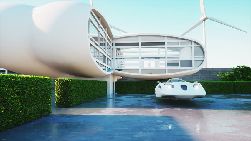 House Of Future. Futuristic Flying Car With Woman. Super Realistic 4K ...