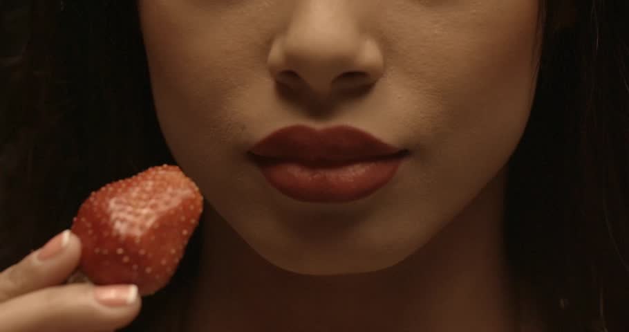 Sexy Woman Eating Strawberry In Slowmotion Sensual Red Lips Red