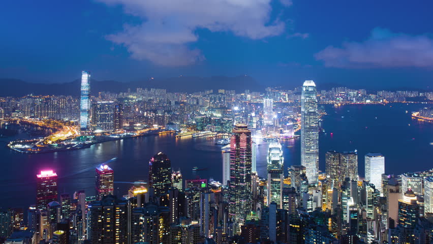 Hong Kong At Night Skyline Panorama Timelapse. Modern City 4K Aerial ...