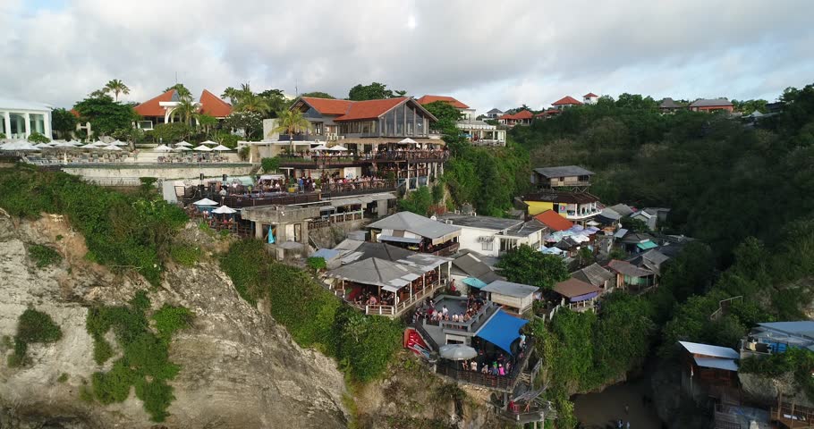 Aerial Slider Shot Crowded Bar On The Top Of Hill