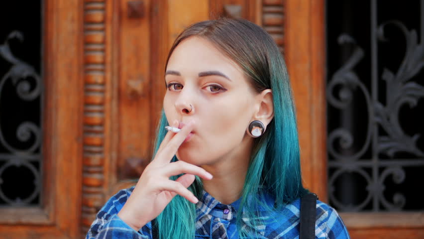 SLOW MOTION: Emo Girl Smoking Cigarette.Street Punk Or 