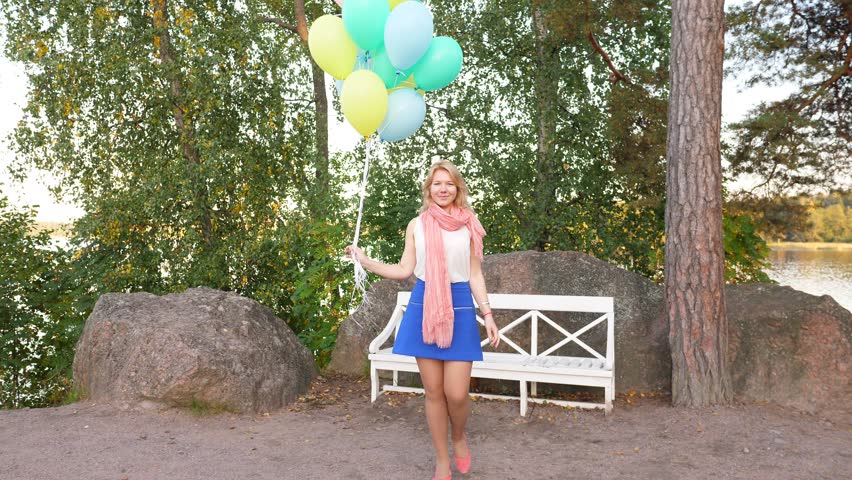 4k00 19young Cheerful Woman Stand Up From Park Bench And Go