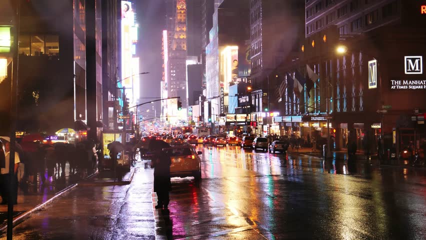 NEW YORK CITY – JUNE 2013: Heavy Rain On Times Square At Night With ...