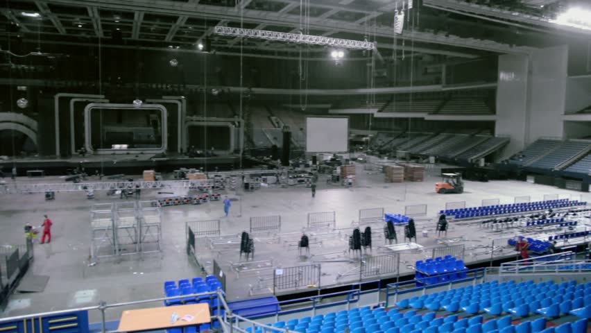 Workers Dismantle Stage At Sport Stadium After Concert Stock Footage ...