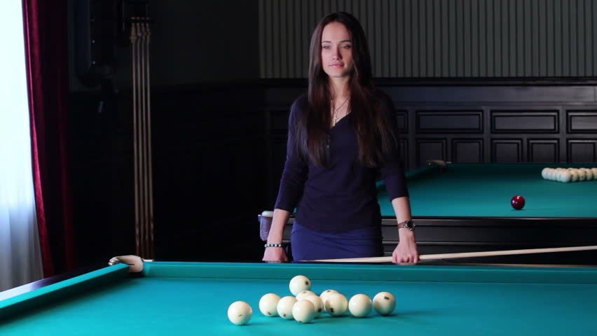 Woman Posing With Billiard Cue Near Billiard Table Stock Footage Video