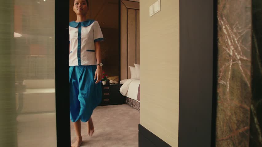 Stock Video Clip Of Asian Maid Cleaning Hotel Room Woman People